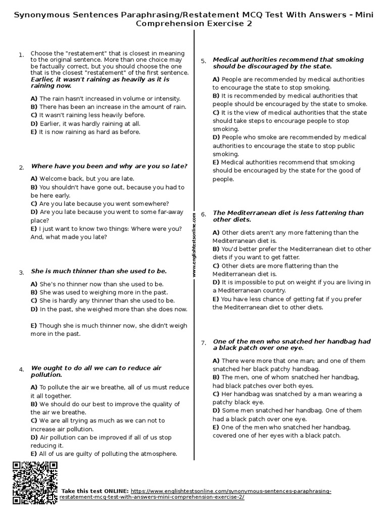 Synonymous Sentences Paraphrasing/Restatement MCQ Test With Answers ...