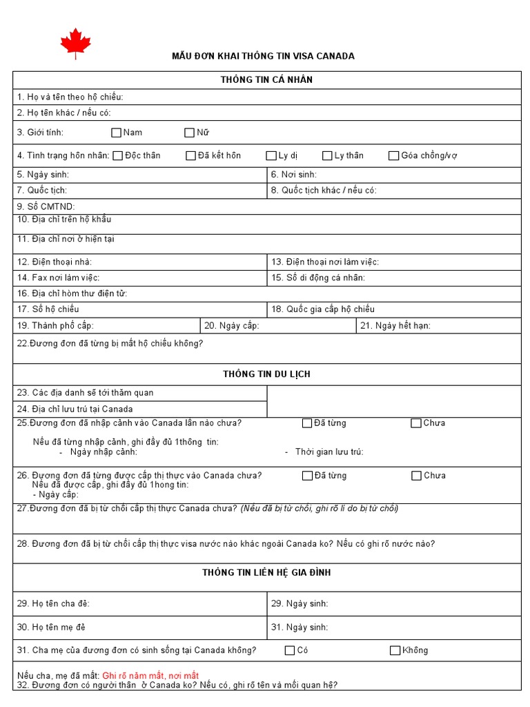 MẪU THÔNG TIN KHAI VISA CANADA. | PDF