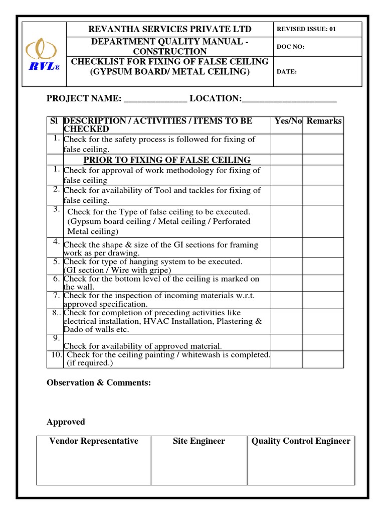 False Ceiling Inspection Checklist | PDF | Ceiling | Drywall