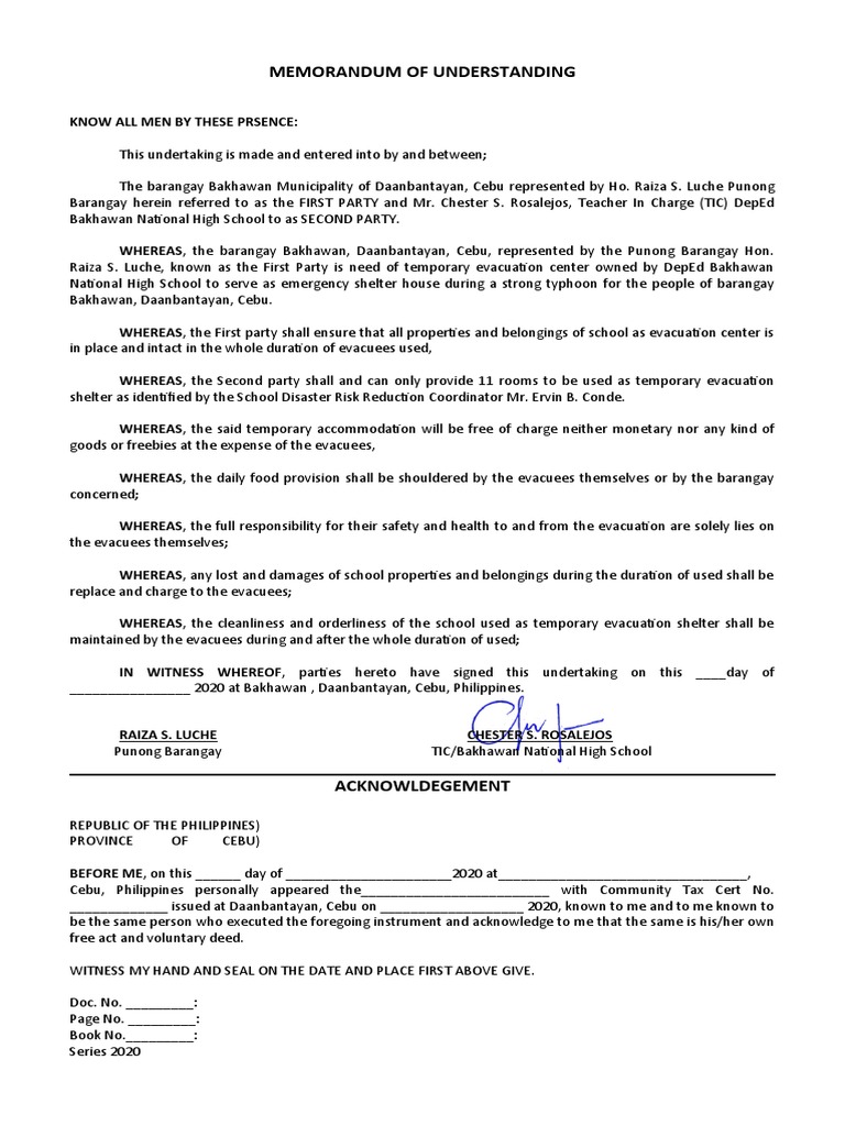 Agreement for use of school as temporary evacuation center during