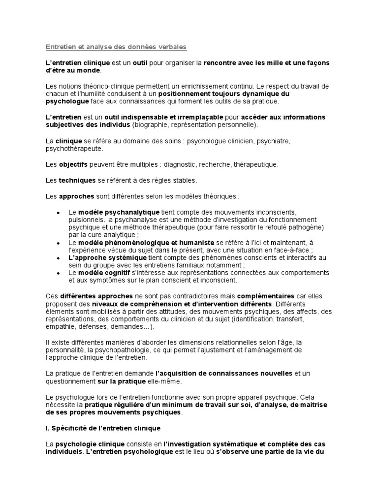 Techniques D entretien Clinique En Psychologie PDF