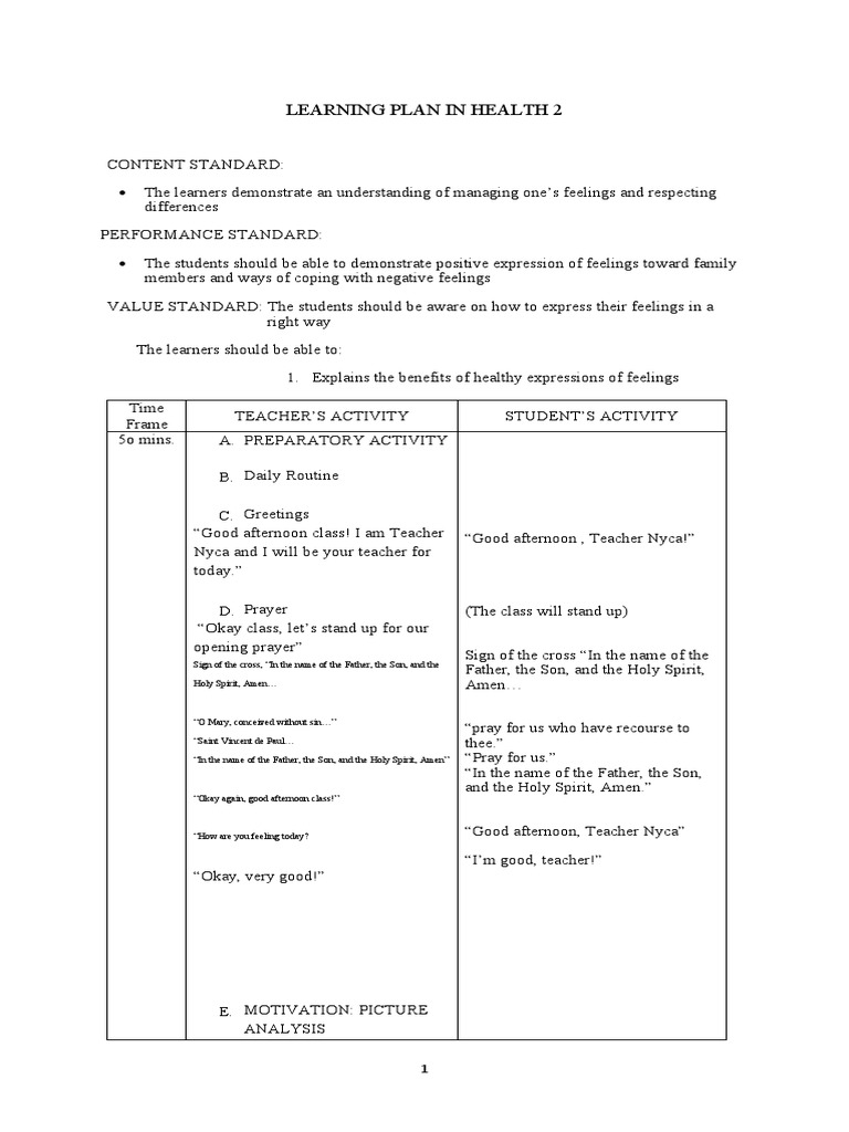 Learning Plan in Health 2 | PDF | Feeling | Prayer