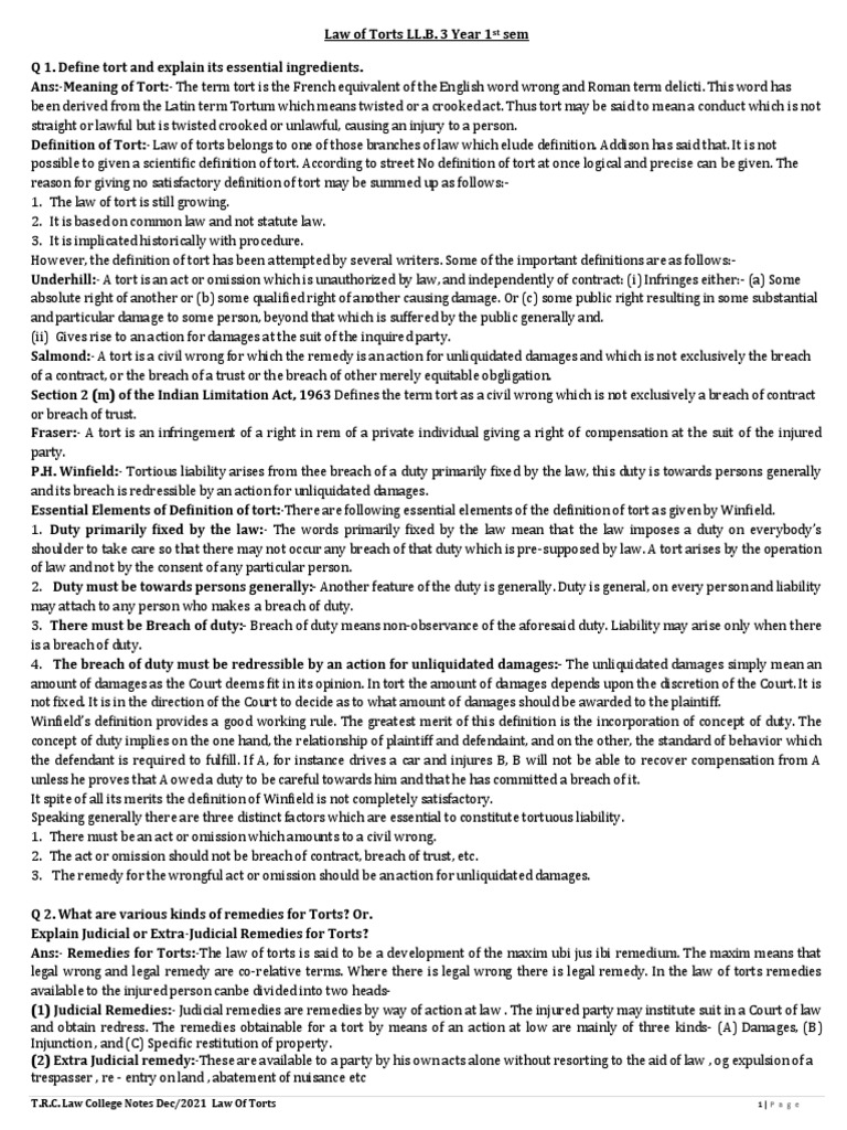 Law of Torts Ok2021 | PDF | Tort | Damages