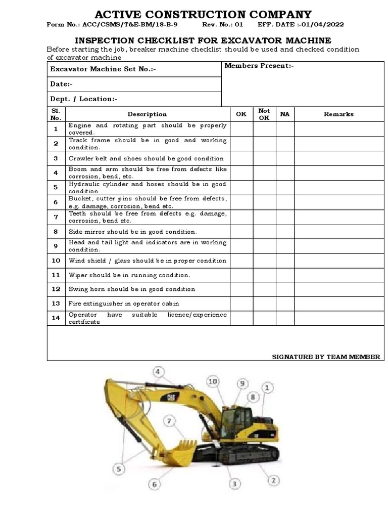 Inspection Checklist For Excavator Machine PDF
