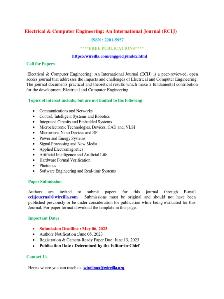Call for Papers: Electrical & Computer Engineering Journal | PDF