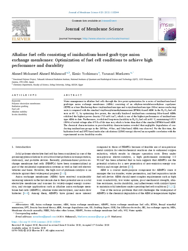 Alkaline Fuel Cells Consisting of Imidazolium Based Graft Typ 2021