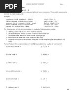 Chemical Reactions Worksheet