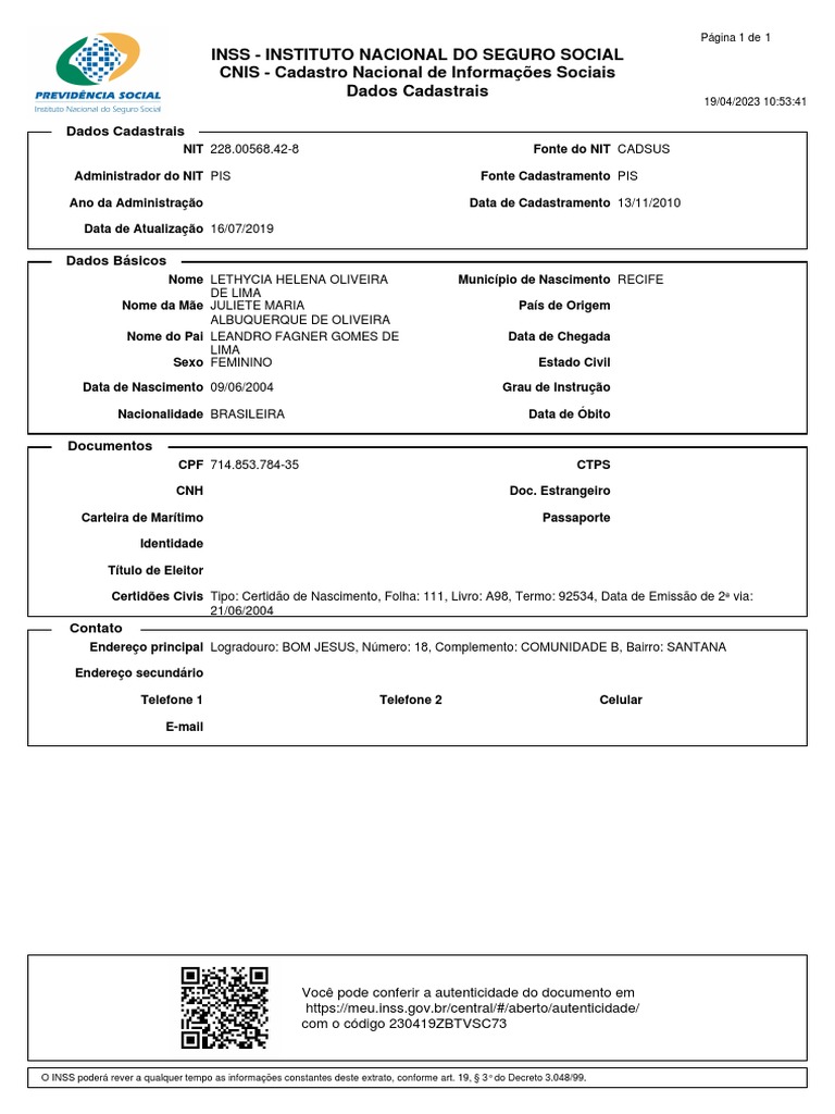 Dados Cadastrais do CNIS - INSS | PDF