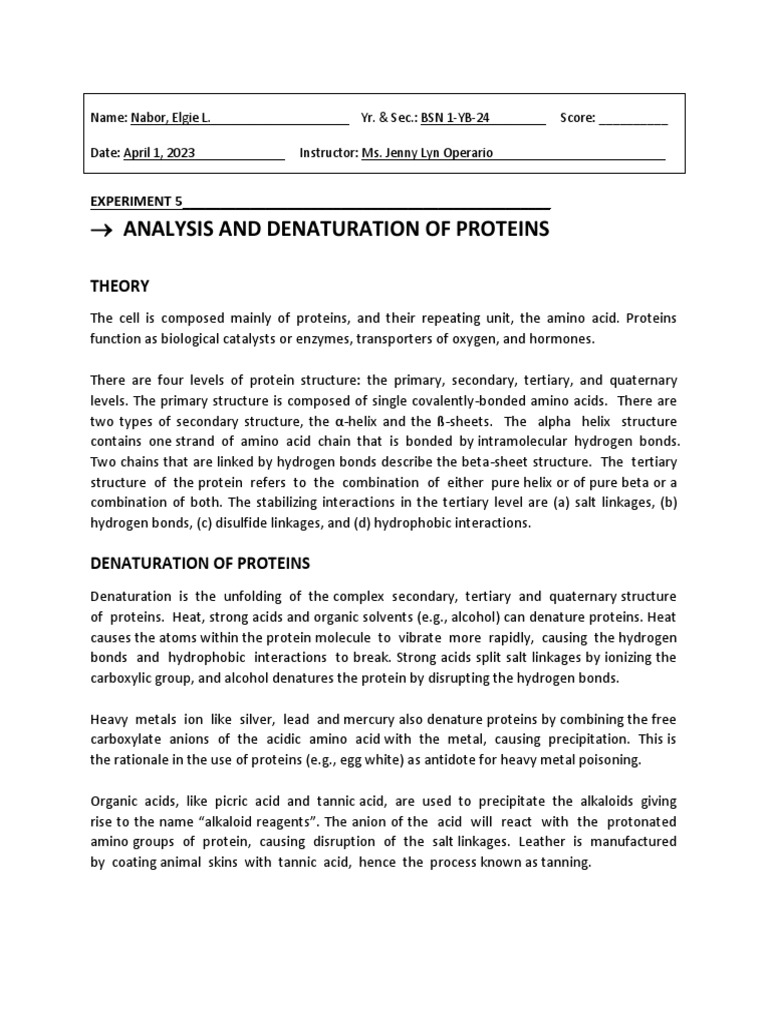 Protein Denaturation and Color Tests | PDF | Denaturation (Biochemistry ...