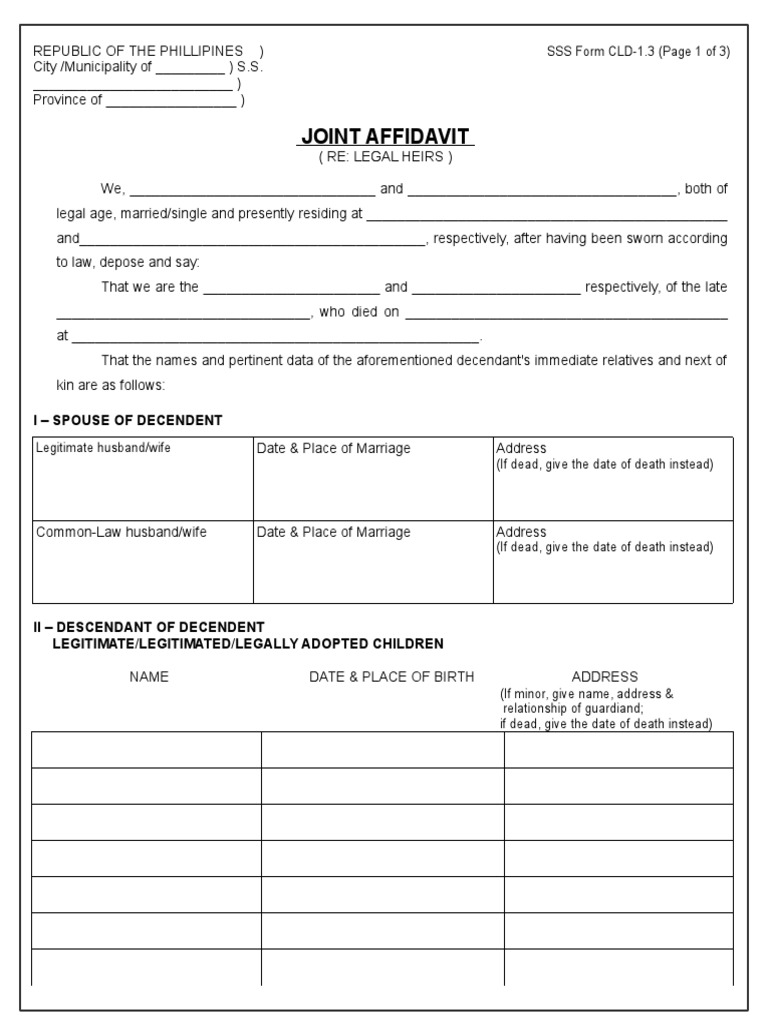 CLD 1.3 - Joint Affidavit Re Legal Heirs | PDF | Marriage, Unions And ...