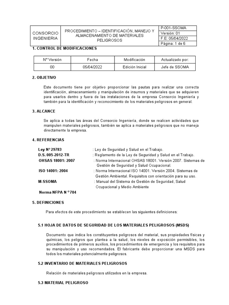 Procedimiento de Manejo de Materiales Peligrosos | PDF | Mercancías ...
