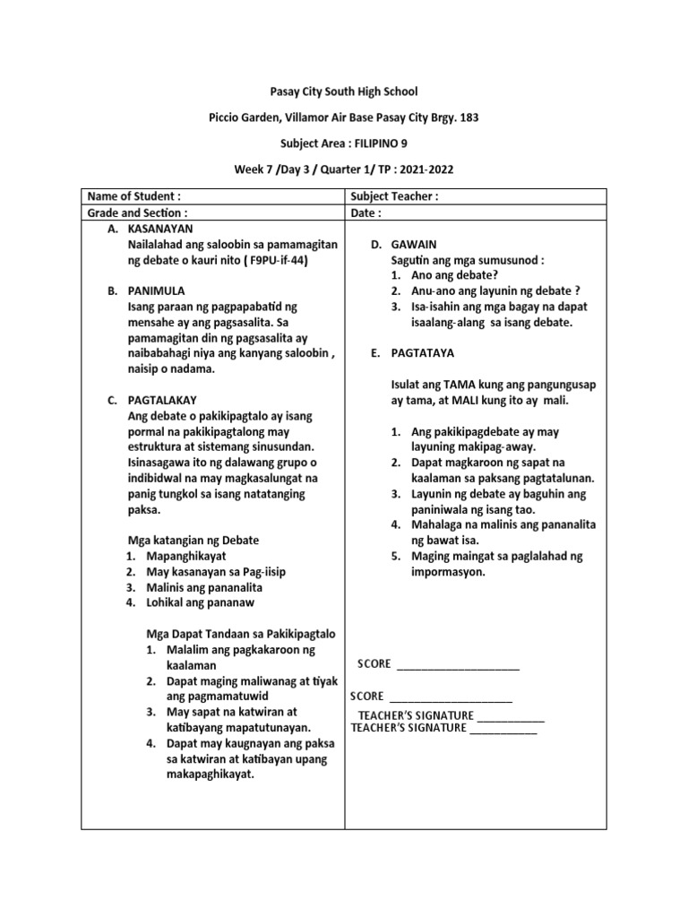 Worksheet Fil 9 Day 3 W7 Q1 | PDF