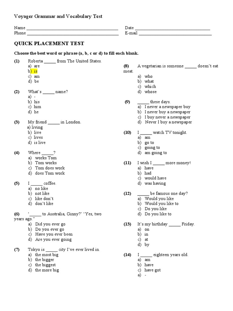 Quick Placement Test: Voyager Grammar and Vocabulary Test | PDF