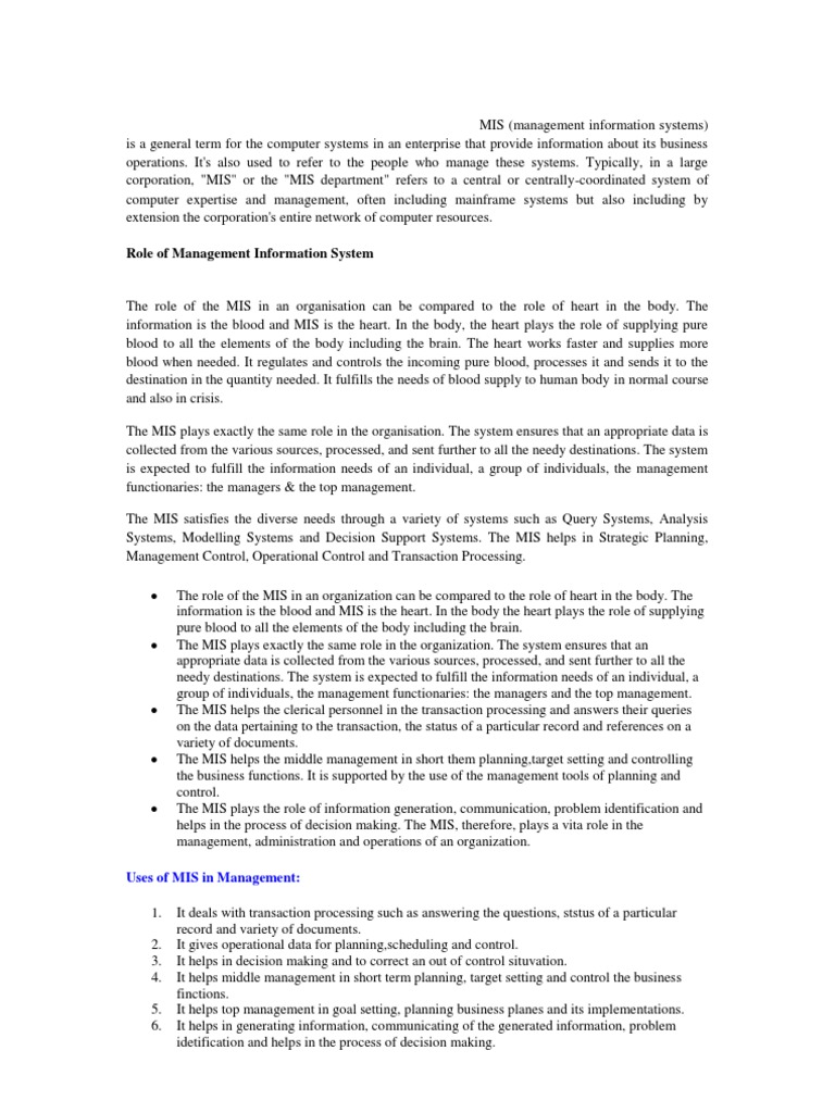 Role of Management Information System | PDF | Management Information ...
