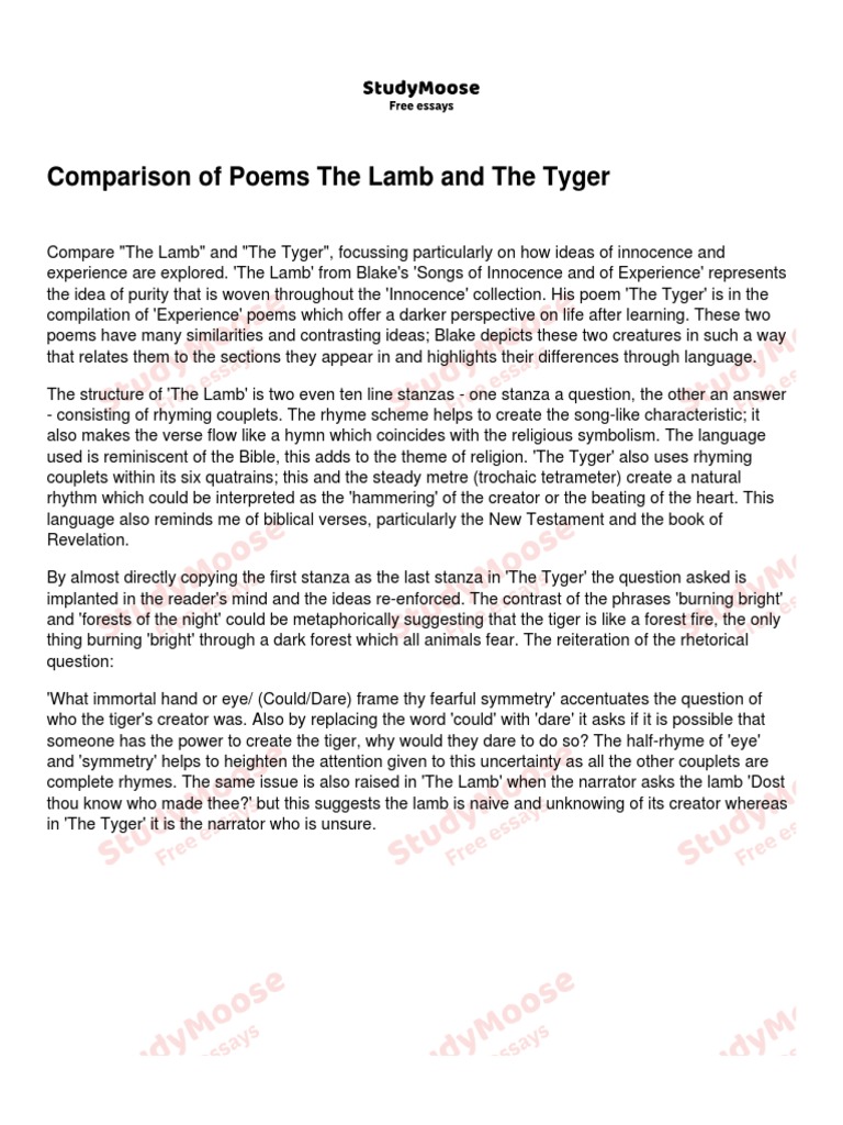 Comparison of Poems The Lamb and The Tyger PDF Poetry