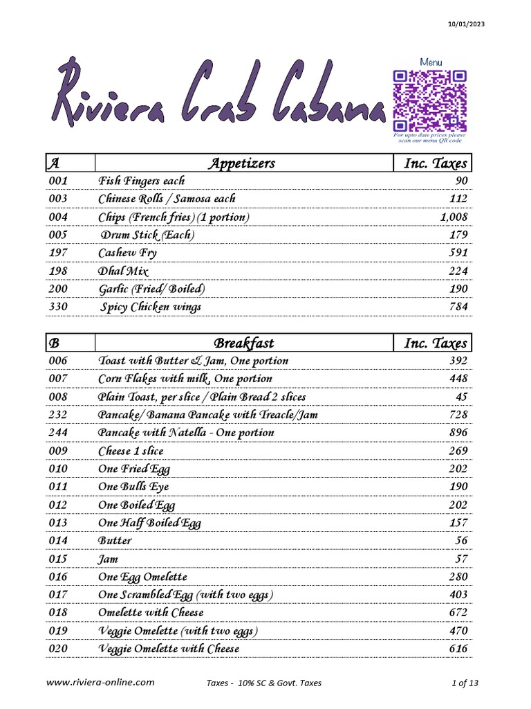 Riviera Restaurant Menu & Prices | PDF | Tomato Sauce | Spaghetti