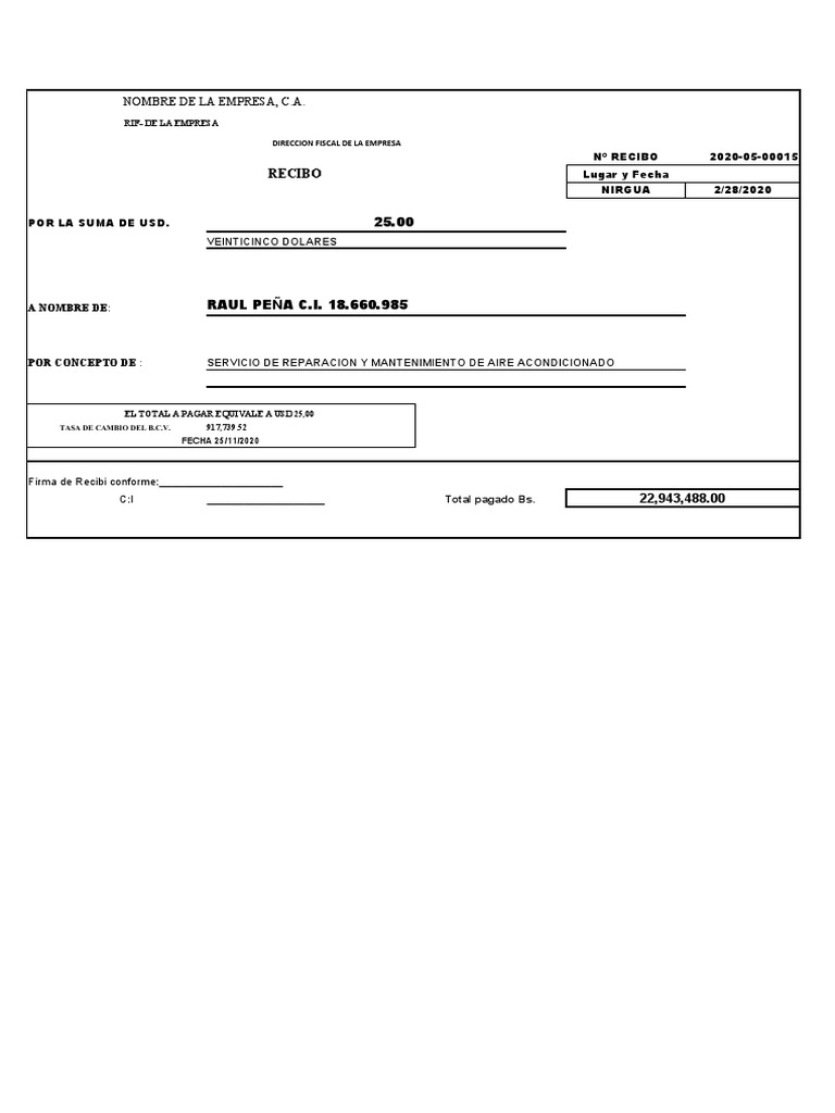 Modelo de Recibo de Pago en Excel | PDF