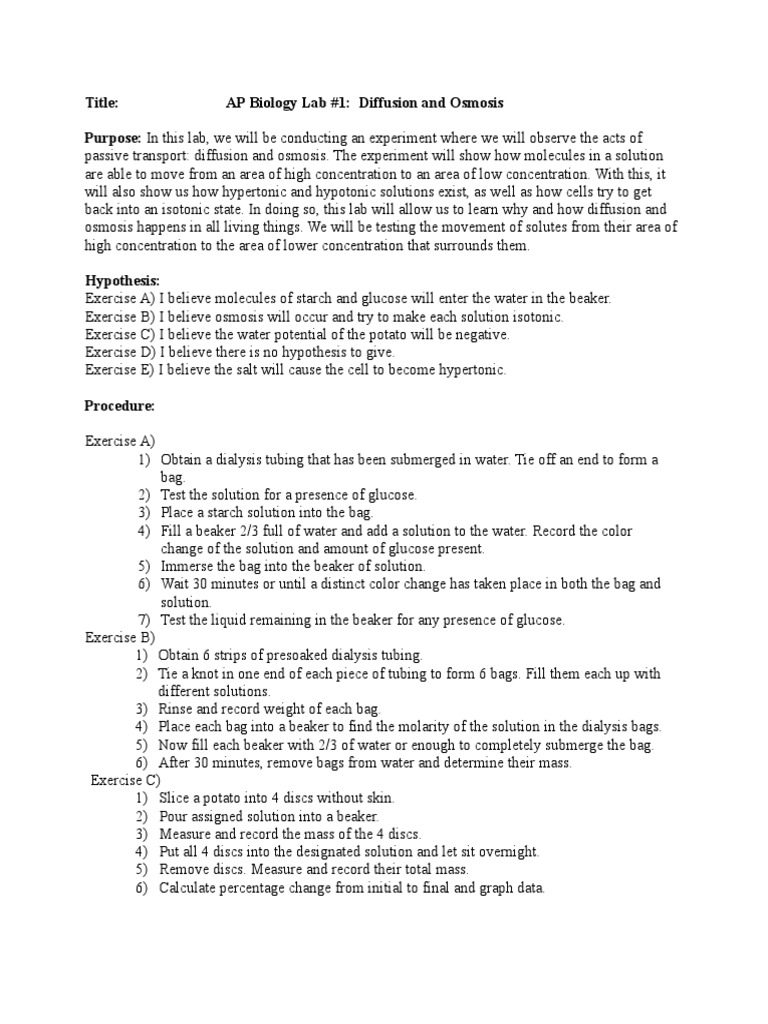 AP Biology Lab One Osmosis and Diffusion Water