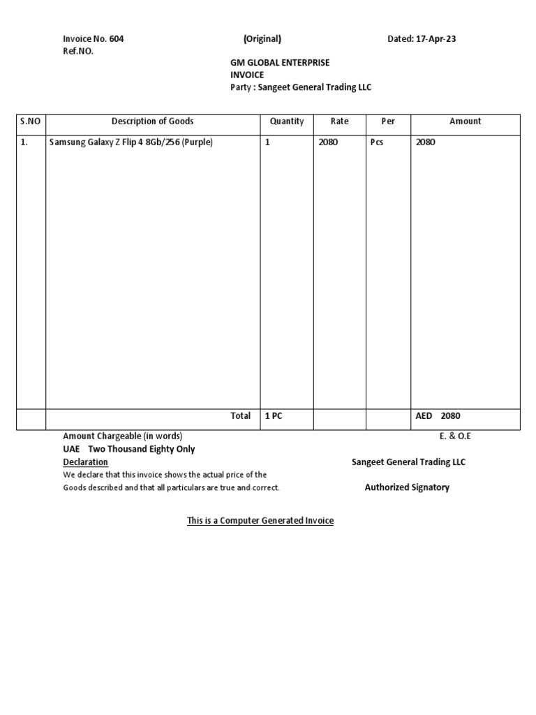 Invoice for Sangeet Trading | PDF
