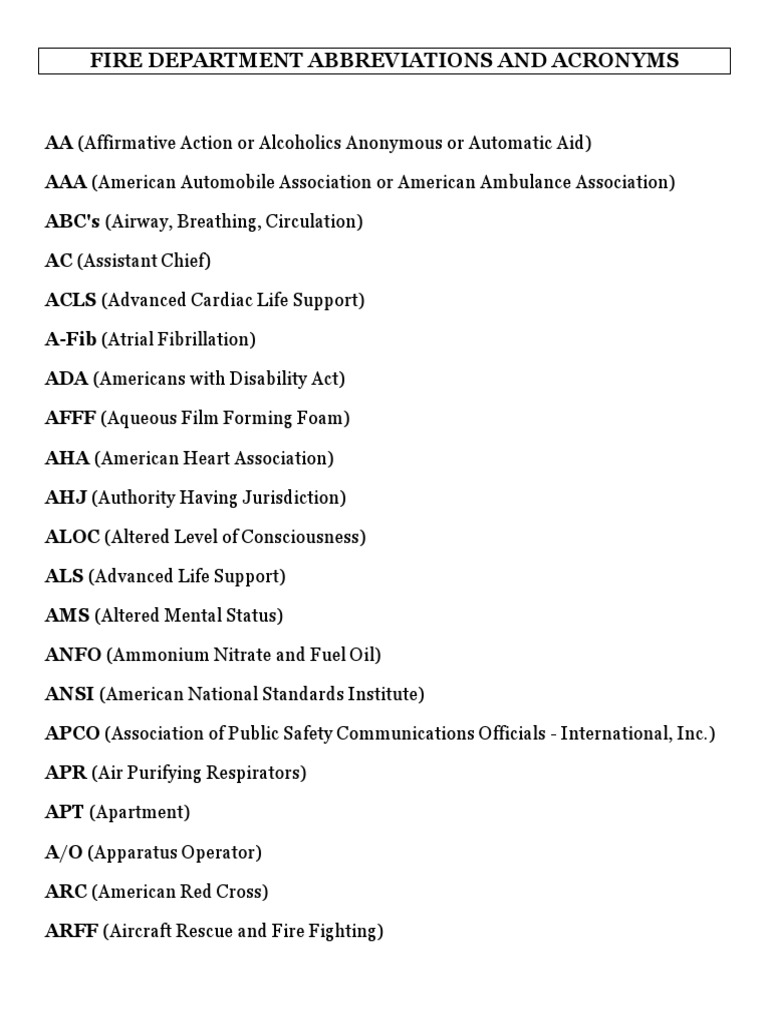Fire Department Abbreviations and Acronyms PDF Emergency Medical