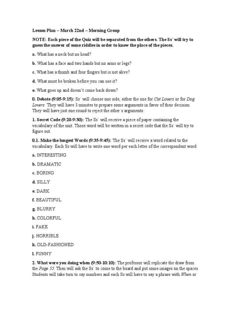 Lesson Plan April 22nd Morning Group PDF Grammar Human