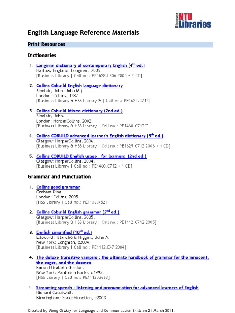 English Language Reference Materials English As A Second Or Foreign Language Applied Linguistics