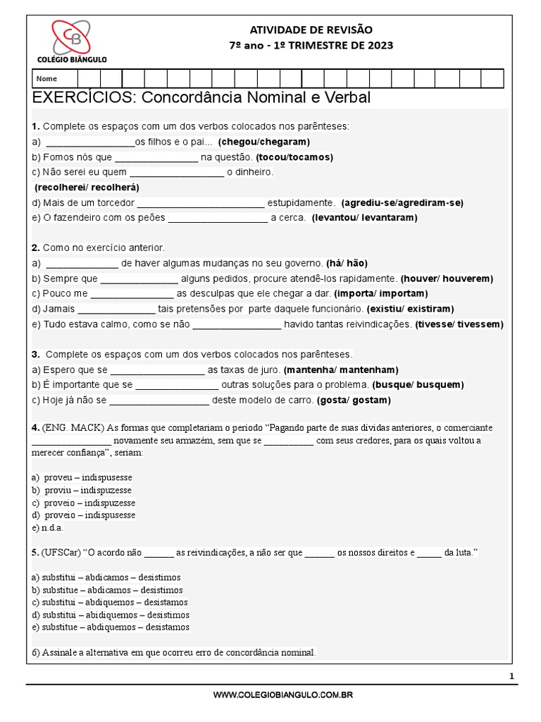 Exercícios de Concordância 7º Ano | PDF