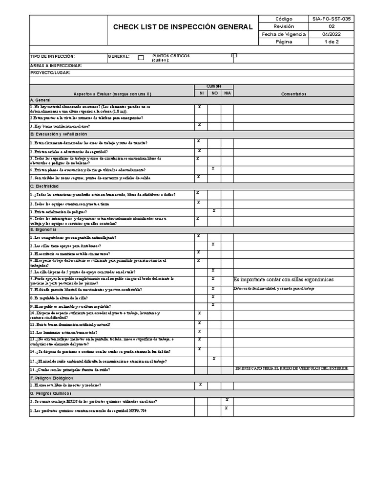 SIA-FO-SST-035 - Check List de Inspección General | PDF | Factores ...