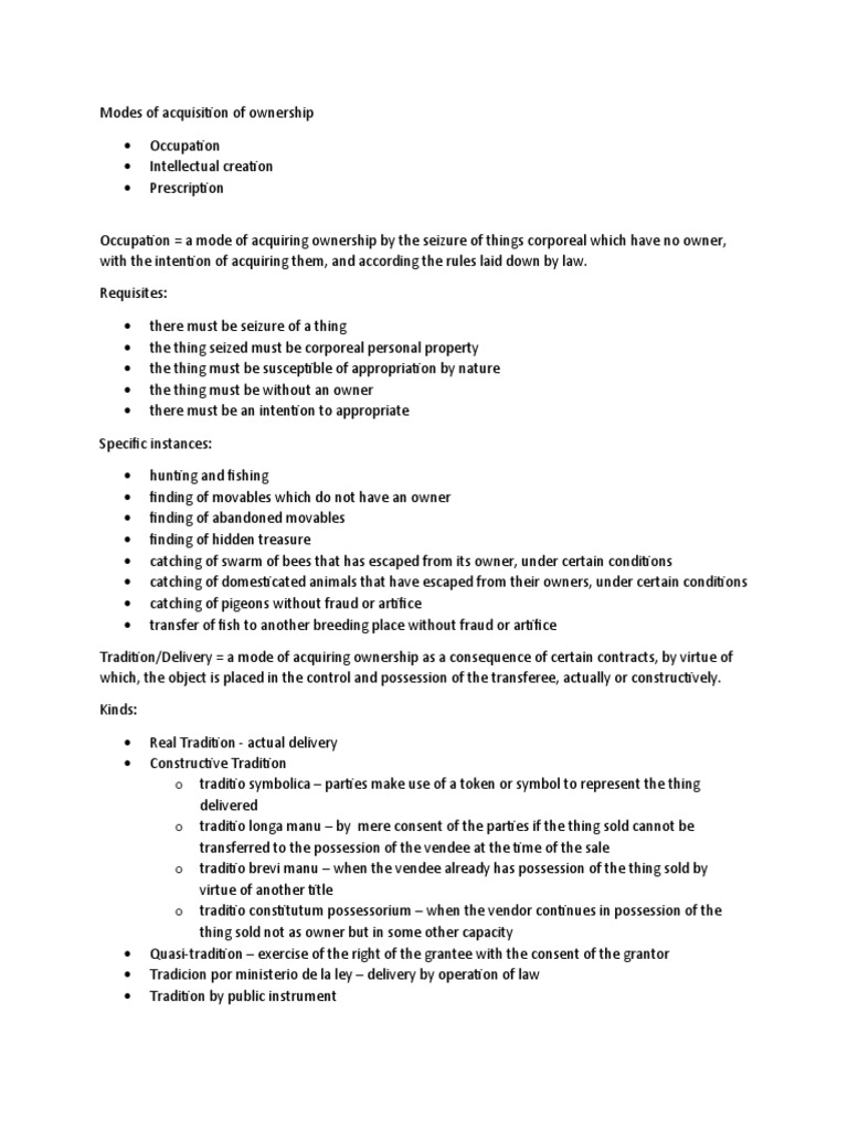 Modes of Acquisition of Ownership J Occupation J Quieting of Title J ...