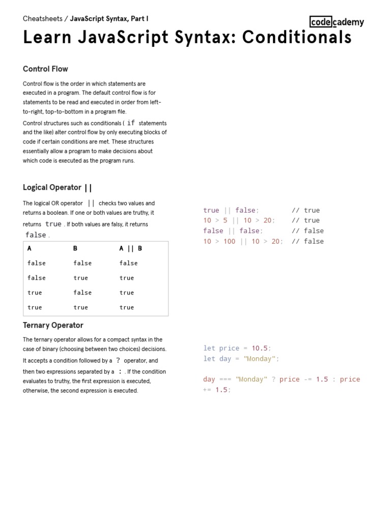 Learn Javascript Syntax: Conditionals: Control Flow | PDF