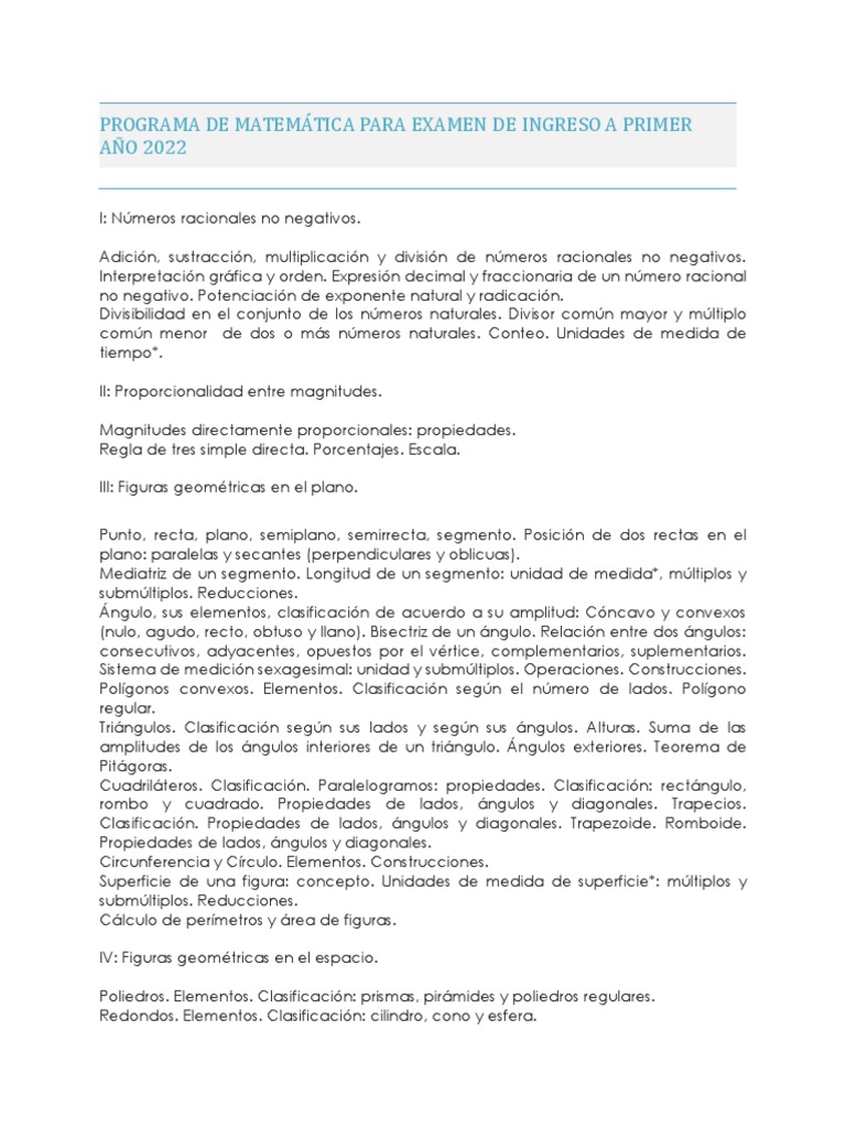 Programa de matematica para examen de ingreso a primer ano 2022 pdf