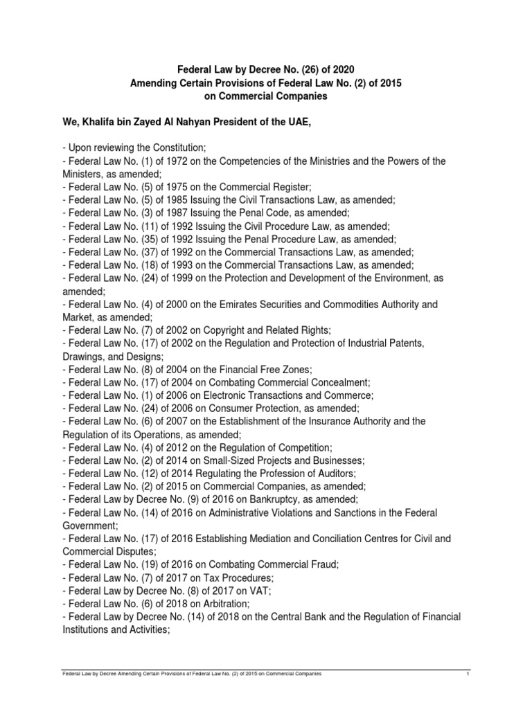Federal Law No (26) of 2020 On Amending Certain Provisions of Federal