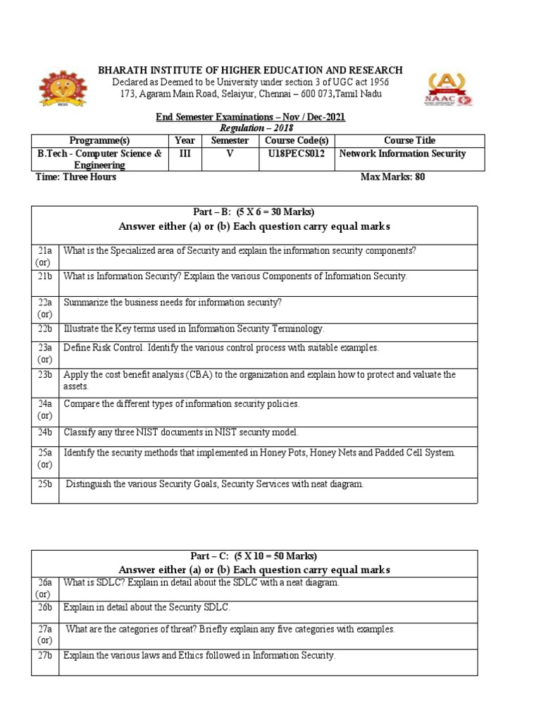Network Information Security Exam questions covering key topics in