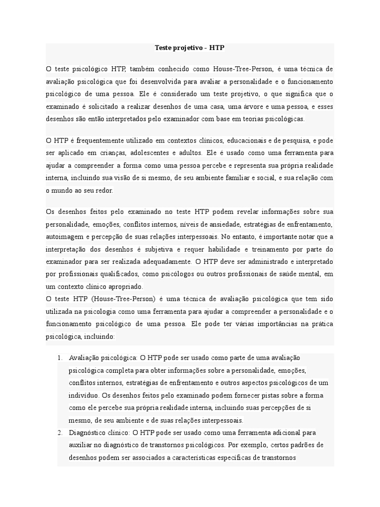 Resumo teste projetivo HTP | PDF