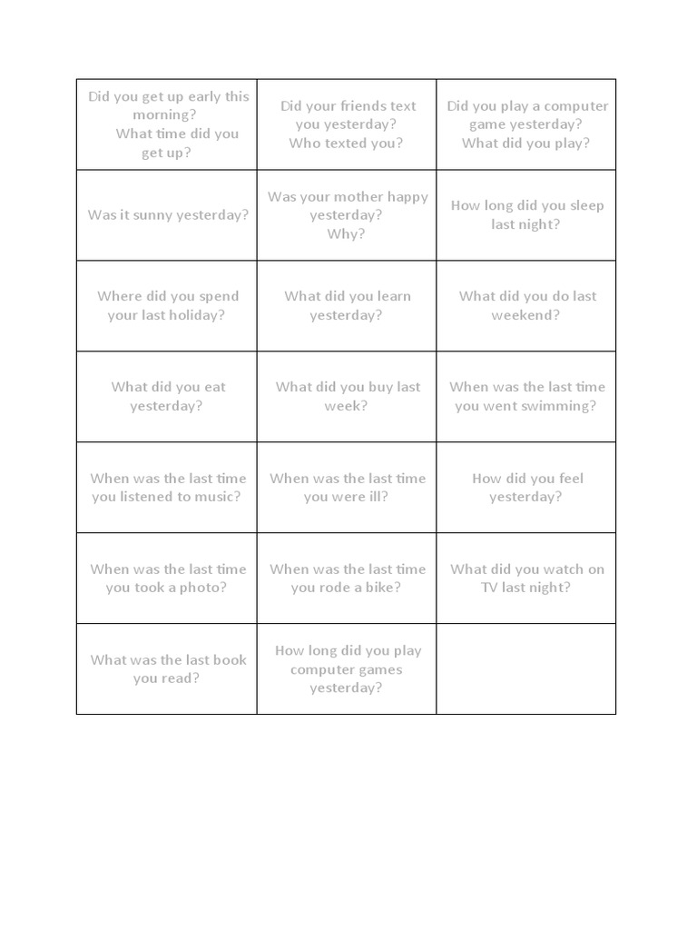 Past Simple Speaking Questions Mill Drill PDF