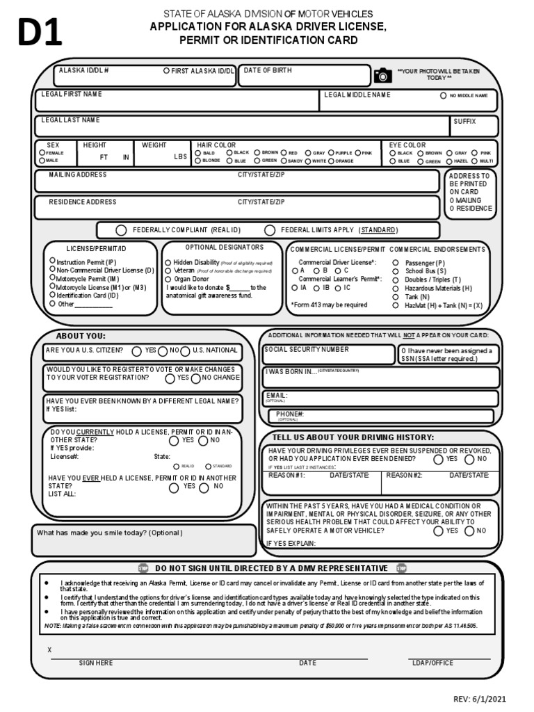 Application For Alaska Driver License, Permit or Identification Card PDF Driver's License