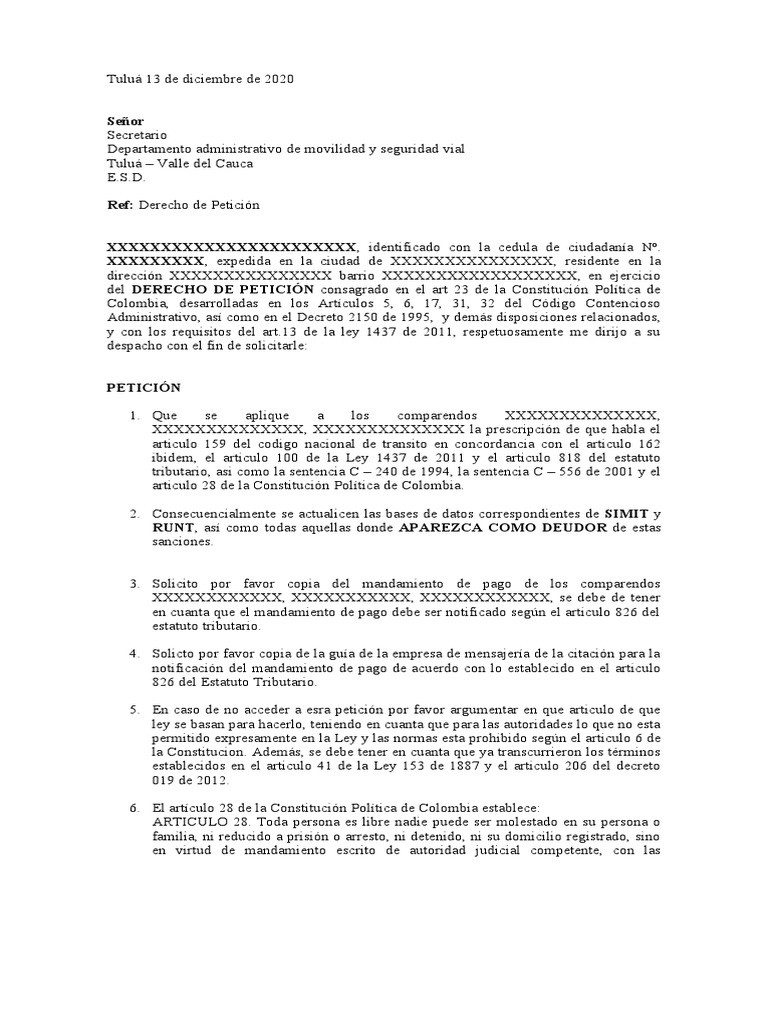 Derecho de Peticion MULTAS DE TRANSITO | PDF