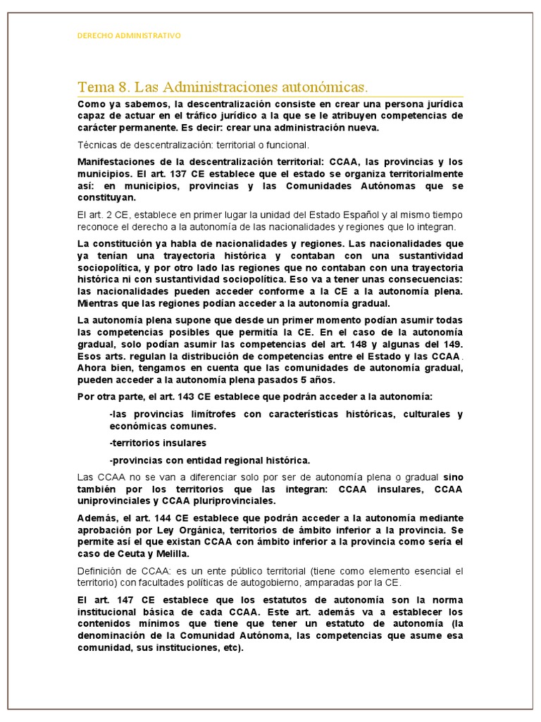 Tema 8. Las Administraciones Autonómicas. Derecho Administrativo PDF