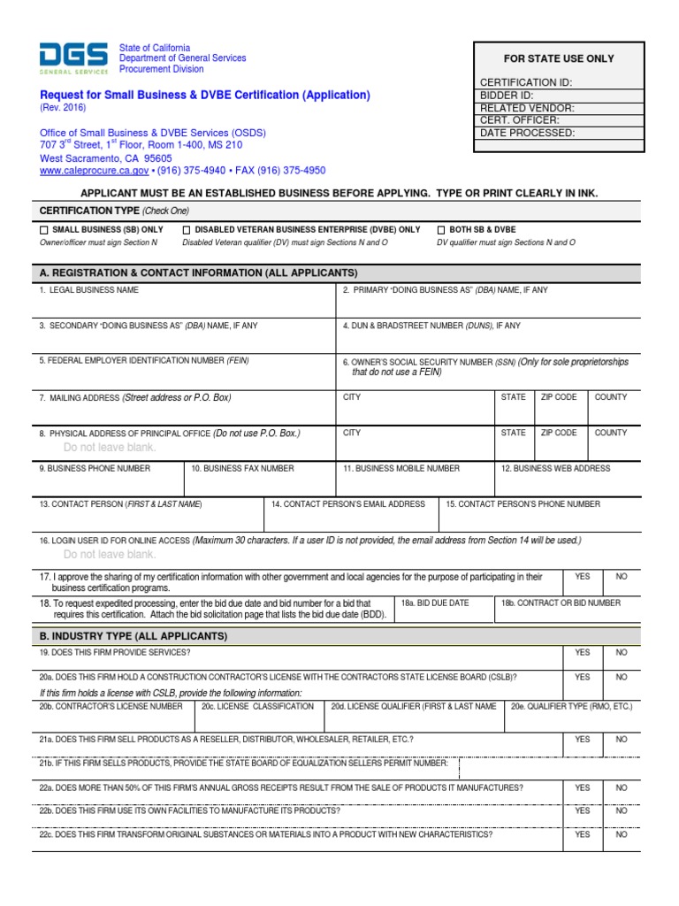 Request For Small Business & DVBE Certification (Application) | PDF | Tax  Return (United States) | Limited Liability Company