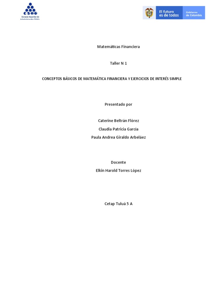 Taller Matematicas Financieras Final | PDF | Interés | Deuda