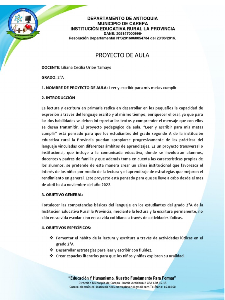 Proyecto de Aula Grado 1 | PDF