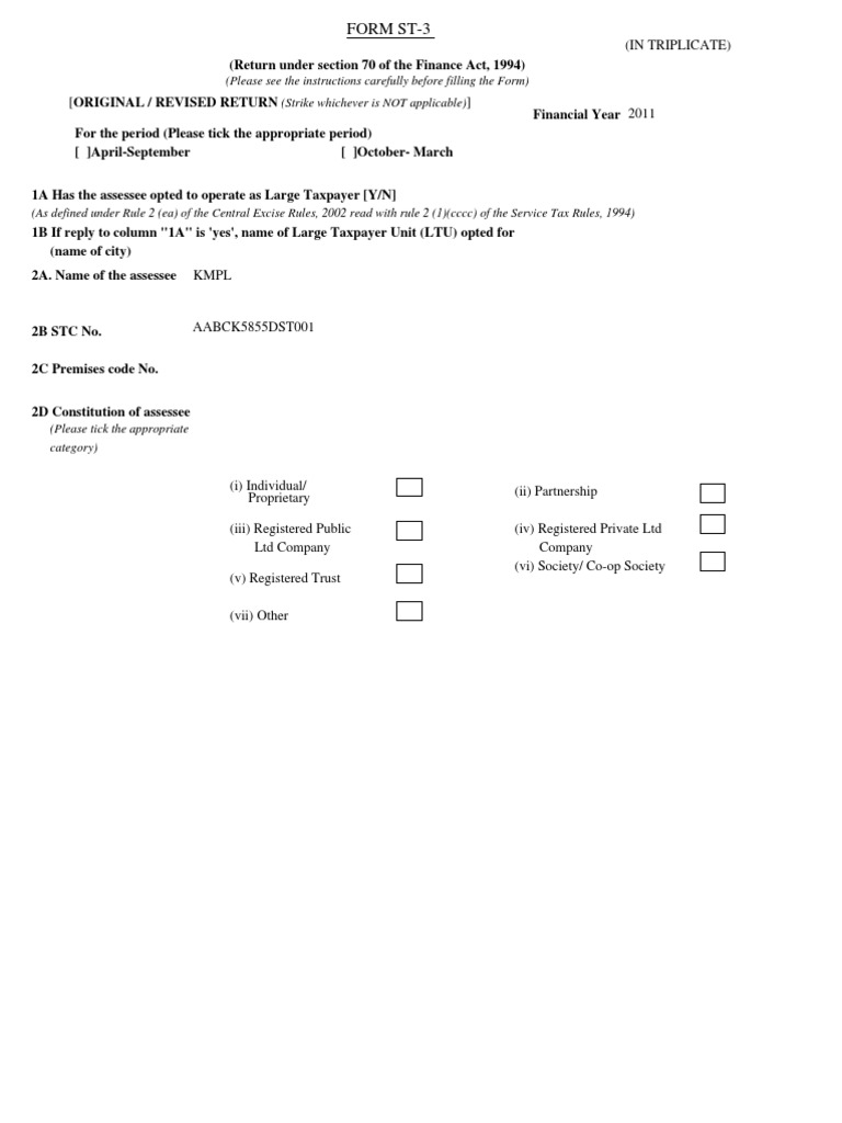 ST-3 Service Tax Return Form | PDF | Public Finance | Public Law