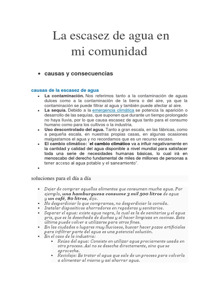 Escasez de agua en mi comunidad: causas y soluciones | PDF | Ciencia y ...