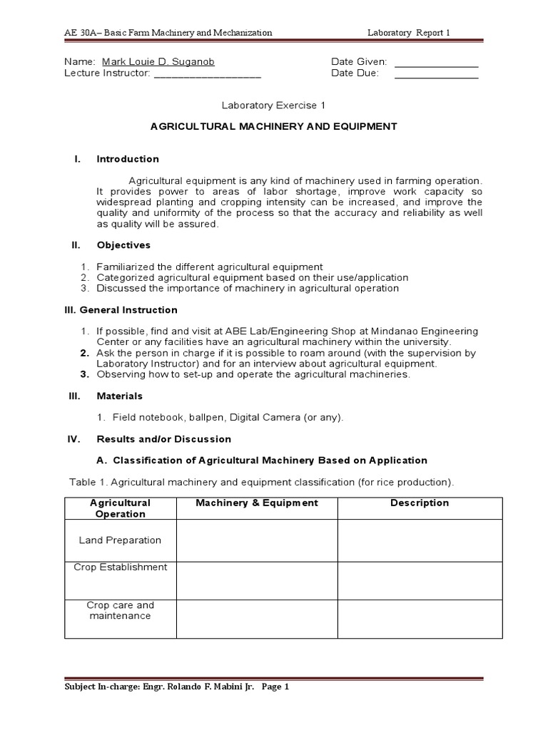 AE 30A - Basic Farm Machinery and Mechanization Laboratory Report 1 ...
