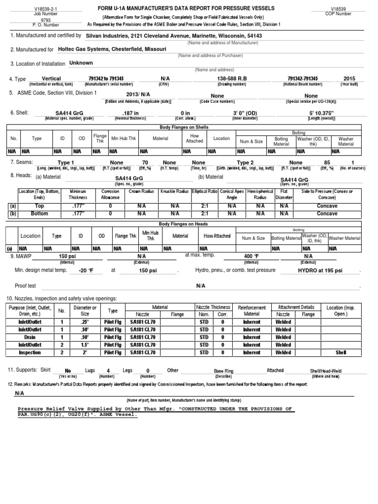 ASME U-1A Report for Silvan Industries | PDF