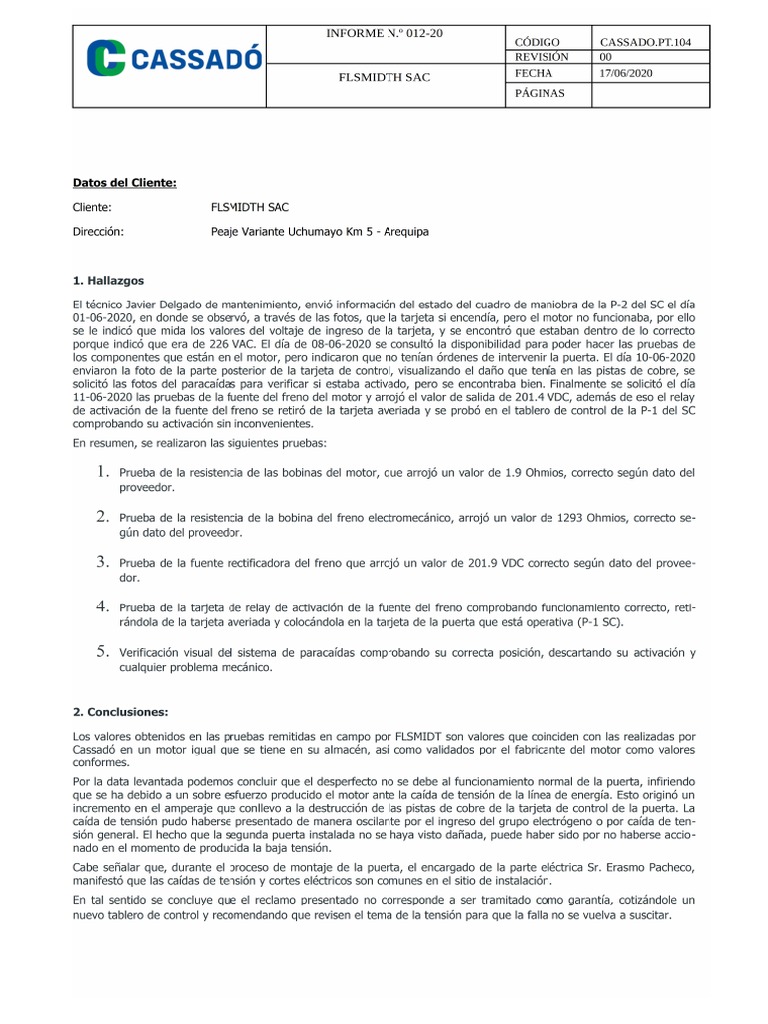 Informe 012-20 Flsmidth Sac | PDF