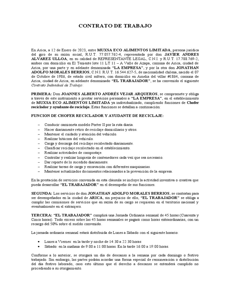 Contrato de Trabajo Chofer | PDF | Salario | Economias