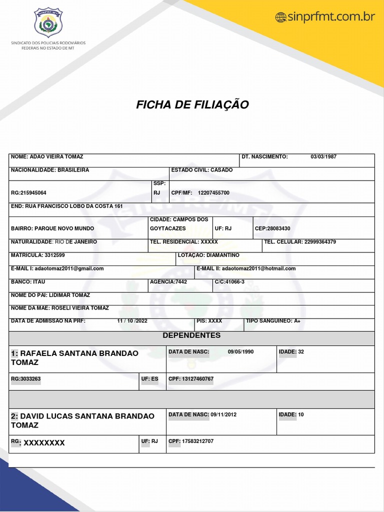 Ficha Filiação PRF ATIVO E APOSENTADO ATUALIZADA | PDF | Brasil
