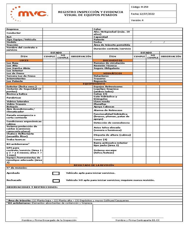 Registro Inspección Y Evidencia Visual de Equipos Pesados: Código: R ...