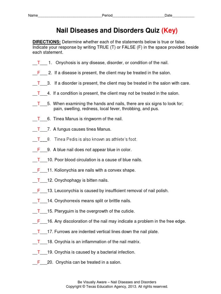 NailDiseasesandDisordersQuizKey PDF